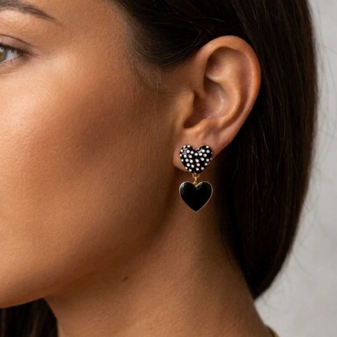 Boucles d'oreilles coeurs noir pois - Bijou tendance