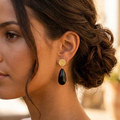 Boucles d'oreille perles goutte noire  - Bijou boh&egrave;me tendance