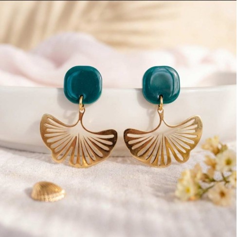Boucles d'oreille ginkgo vert canard - Bijou tendance