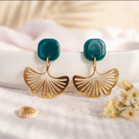 Boucles d'oreille ginkgo vert canard - Bijou tendance