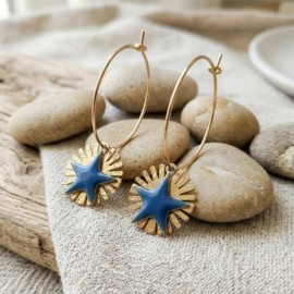 Boucles d'oreilles acier inoxydable bleu marine doré soleil etoile