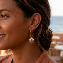 Boucles d'oreilles acier inoxydable bleu marine doré soleil etoile
