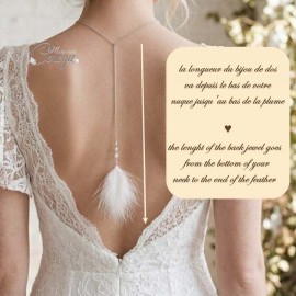 Collier dos mariage bohème plume perles swarovski Eugénie -  Bijou mariée personnalisable