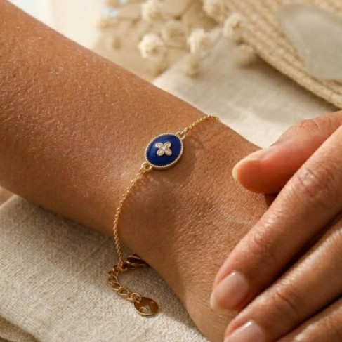 Bracelet bleu marine m&eacute;daillon &eacute;maill&eacute; dor&eacute; - Bijou fin