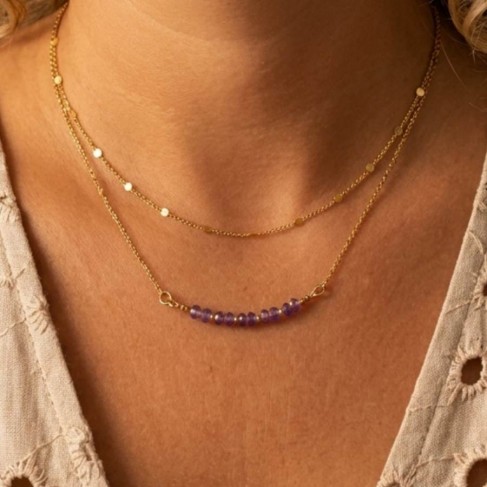 Collier am&eacute;thystes double rang Am&eacute;lia - Am&eacute;thyste boh&egrave;me chic