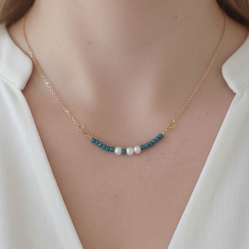 Collier Aqua perles de culture et cubes bleu-vert - Bijou boh&egrave;me chic