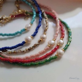 Bracelet Perle Eau Douce & Miyuki Beige marbré - Bracelet Minimaliste Ajustable