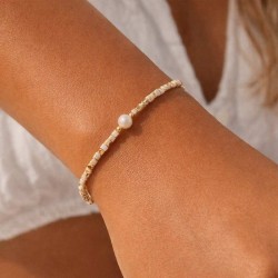 Bracelet Perle Eau Douce & Miyuki Beige marbré - Bracelet Minimaliste Ajustable