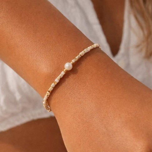 Bracelet Perle Eau Douce & Miyuki Beige marbr&eacute; - Bracelet Minimaliste Ajustable