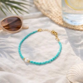 Bracelet Perle Eau Douce & Miyuki Turquoise - Bracelet Minimaliste Ajustable