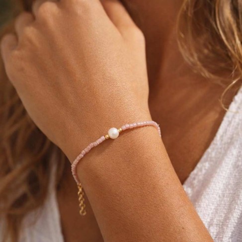 Bracelet Perle d'Eau Douce & Perles Miyuki Rose Poudr&eacute; &ndash; Finition Or