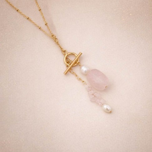 Collier quartz rose perles culture Cascade - Bijou cr&eacute;ateur