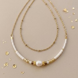 Collier Harmonie or et blanc, perle de culture & perles de verre - Bijou pierre semi-précieuse