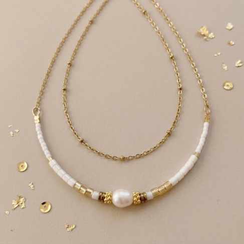 Collier Harmonie or et blanc, perle de culture & perles de verre - Bijou pierre semi-pr&eacute;cieuse