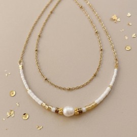 Collier Harmonie or et blanc, perle de culture & perles de verre - Bijou pierre semi-précieuse