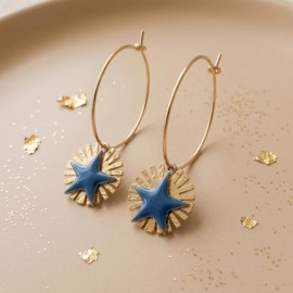 Boucles d'oreilles acier inoxydable bleu marine doré soleil etoile