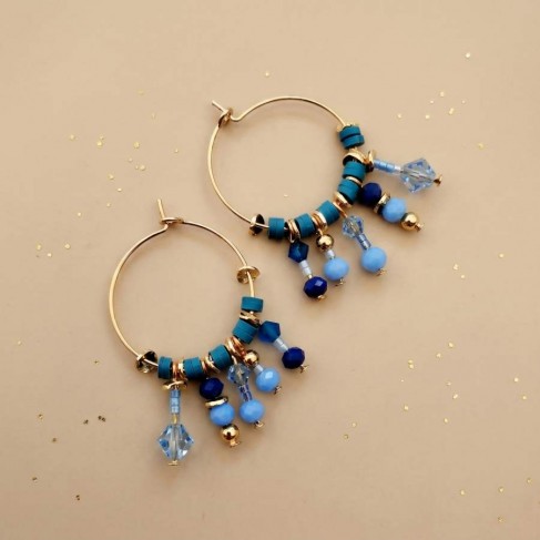 Boucles d'oreille boh&egrave;mes pampilles bleues - Bijou pr&eacute;cieux