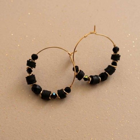 Boucles d'oreille cr&eacute;oles noir et or - Bijou pr&eacute;cieux