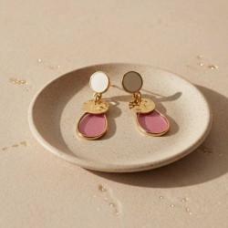 Boucles d'oreille vitrail rose blanc dore - Bijou précieux