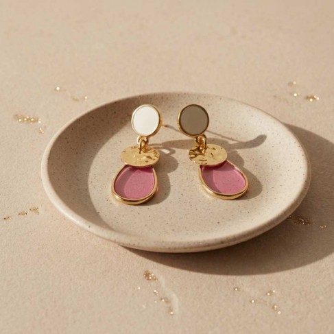 Boucles d'oreille vitrail rose blanc dore - Bijou pr&eacute;cieux