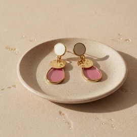 Boucles d'oreille vitrail rose blanc dore - Bijou précieux