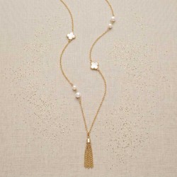 Sautoir "Opéra" chic perles de culture et trèfles en nacre sur chaîne doré - Bijou créateur