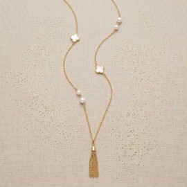 Sautoir "Opéra" chic perles de culture et trèfles en nacre sur chaîne doré - Bijou créateur
