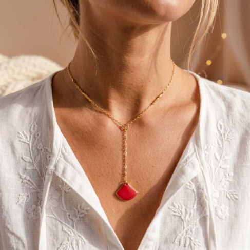 Collier en Y pendentif corail en &eacute;mail - Bijou minimaliste