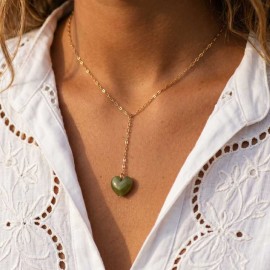 Collier en Y coeur vert kaki en émail - Bijou minimaliste