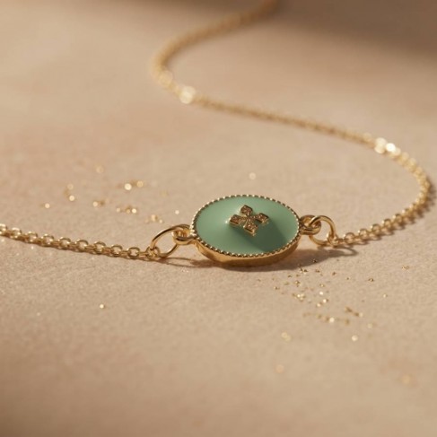 Bracelet m&eacute;daillon &eacute;maill&eacute; vert mint dor&eacute; - Bijou fin