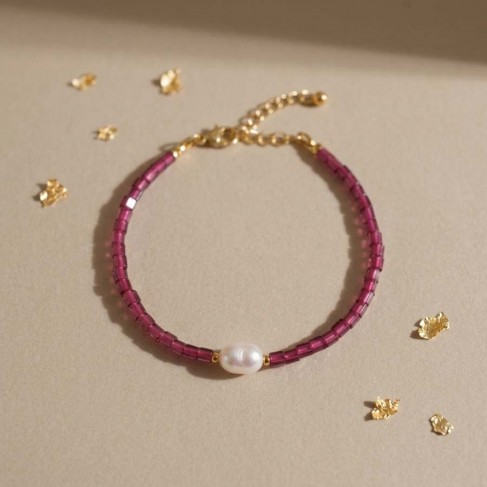 Bracelet Rosa perle de culture et cubes framboise - Bijou boh&egrave;me chic