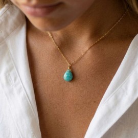 Collier Pendentif Goutte en Amazonite Naturelle — Chaîne Acier Inoxydable Doré