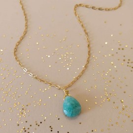 Collier Pendentif Goutte en Amazonite Naturelle — Chaîne Acier Inoxydable Doré