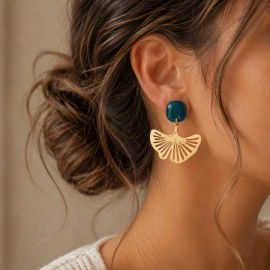 Boucles d'oreille ginkgo vert canard - Bijou tendance