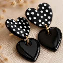 Boucles d'oreilles coeurs noir pois - Bijou tendance