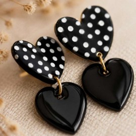 Boucles d'oreilles coeurs noir pois - Bijou tendance