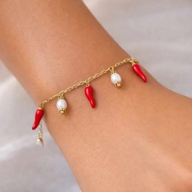 Bracelet breloques piment rouge blanc style basque - Bracelet charms