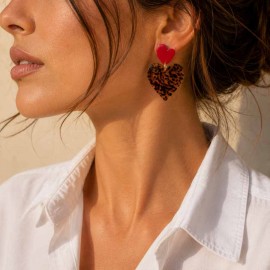 Boucles d'oreilles cœurs rouges & résine léopard