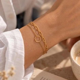 Bracelet double chaîne dorée graphique - Bijou bohème chic