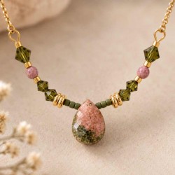 Collier doré coloré en pierre naturelle unakite et cristaux Swarovski