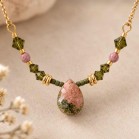 Collier doré coloré en pierre naturelle unakite et cristaux Swarovski