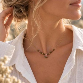 Collier doré coloré en pierre naturelle unakite et cristaux Swarovski