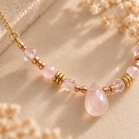 Collier dor&eacute; quartz rose et cristaux Swarovski &ndash; Bijou boh&egrave;me chic
