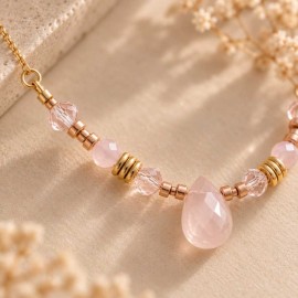 Collier doré quartz rose et cristaux Swarovski – Bijou bohème chic