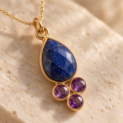 Collier pendentif lapis-lazuli & améthystes doré – "Iris"