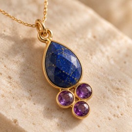 Collier pendentif lapis-lazuli & améthystes doré – "Iris"
