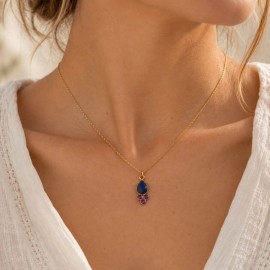 Collier pendentif lapis-lazuli & améthystes doré – "Iris"