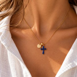Collier croix bleu doré