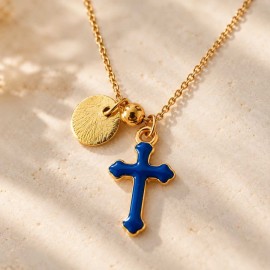 Collier croix bleu doré