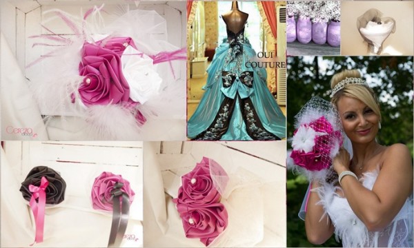 mariage cabaret rose fuchsia voilette bouquet de mariée original personnalisé sur mesure fuchsia turquoise noir bijou cereza deco